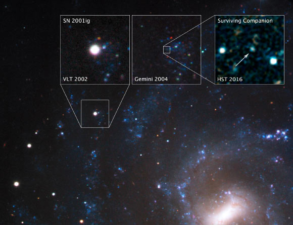 Ryder et al used Hubble to get the first image of a surviving companion to a supernova; this is the most compelling evidence that some supernova explosions originate in binary star systems. Image credit: NASA / ESA / S. Ryder, Australian Astronomical Observatory / O. Fox, STScI.