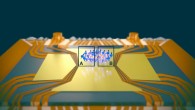 A cloud of atoms is held above a chip by electromagnetic fields; the EPR paradox was observed between the spatially separated regions A and B. Image credit: Department of Physics, University of Basel.