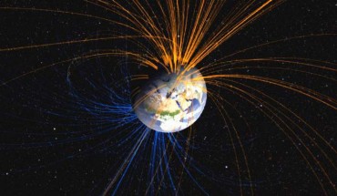 Earth’s magnetic field connects the North Pole (orange lines) with the South Pole (blue lines) in this NASA-created image. Image credit: NASA’s Goddard Space Flight Center.