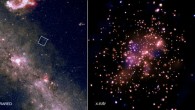 The Chandra image (right) shows the inner region of NGC 6231 where red, green, and blue represent low, medium, and high-energy X-rays; the brightest X-ray emission is white. An infrared image from NASA’s Wide-field Infrared Survey explorer is shown on the left. Image credit: NASA / CXC / University of Valparaiso / M. Kuhn et al / WISE / JPL.