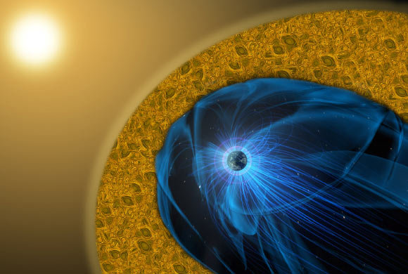 Our planet is surrounded by the magnetosphere, shown here in blue. As charged particles from the Sun flow around the Earth’s magnetosphere, it forms the magnetosheath, shown in yellow. Image credit: Mary Pat Hrybyk-Keith / NASA’s Goddard Space Flight Center.