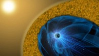 Our planet is surrounded by the magnetosphere, shown here in blue. As charged particles from the Sun flow around the Earth’s magnetosphere, it forms the magnetosheath, shown in yellow. Image credit: Mary Pat Hrybyk-Keith / NASA’s Goddard Space Flight Center.