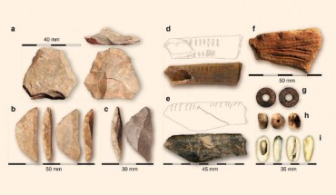 Selected artifacts from the Panga ya Saidi site: (a) Levallois core; (b) two backed lithic artifacts; (c) backed lithic artifact; (d-e) notched bones; (f) ocher crayon; (g) ostrich eggshell bead; (h) conus shell bead; (i) gastropod shell bead. Image credit: Shipton et al, doi: 10.1038/s41467-018-04057-3.