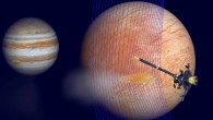 Artist’s illustration of Jupiter and Europa with NASA’s Galileo spacecraft after its pass through a plume erupting from Europa’s surface. A new computer simulation gives us an idea of how the magnetic field interacted with a plume. The magnetic field lines (depicted in blue) show how the plume interacts with the ambient flow of Jovian plasma. The red colors on the lines show more dense areas of plasma. Image credit: NASA / JPL-Caltech / University of Michigan.