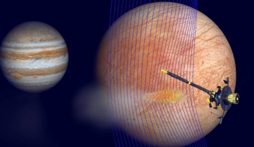 Artist’s illustration of Jupiter and Europa with NASA’s Galileo spacecraft after its pass through a plume erupting from Europa’s surface. A new computer simulation gives us an idea of how the magnetic field interacted with a plume. The magnetic field lines (depicted in blue) show how the plume interacts with the ambient flow of Jovian plasma. The red colors on the lines show more dense areas of plasma. Image credit: NASA / JPL-Caltech / University of Michigan.
