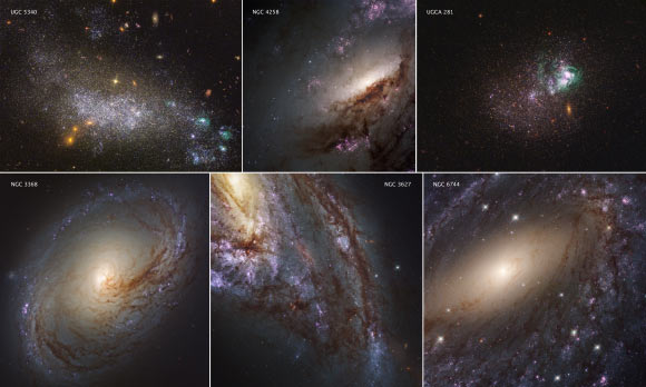 These six images represent the variety of star-forming regions in nearby galaxies. The galaxies -- part of LEGUS survey -- are two dwarf galaxies (UGC 5340 and UGCA 281) and four large spiral galaxies (NGC 4258, NGC 3368, NGC 3627, and NGC 6744). They are between 19 million and 42 million light-years from Earth. The images are a blend of UV and visible light from Hubble’s WFC3 and ACS instruments. Image credit: NASA / ESA / LEGUS Team.