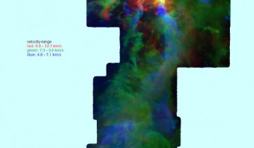 Gas in the Orion A molecular cloud; each of the three colors (red, green and blue) represents a different velocity range. Image credit: National Science Foundation / S. Kong, J. Feddersen & H. Arce, CARMA-NRO Orion Survey Team.