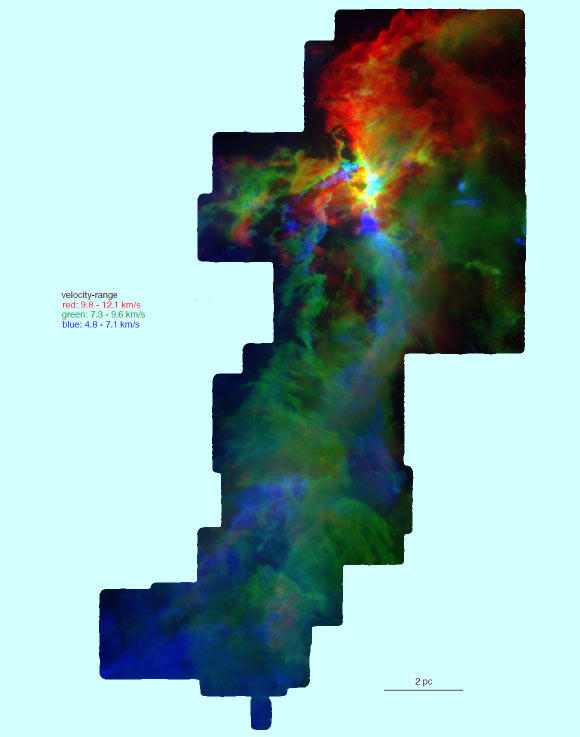 Gas in the Orion A molecular cloud; each of the three colors (red, green and blue) represents a different velocity range. Image credit: National Science Foundation / S. Kong, J. Feddersen & H. Arce, CARMA-NRO Orion Survey Team.