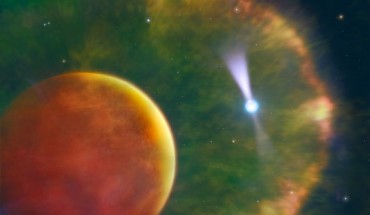 PSR B1957+20 is seen in the background through the cloud of gas enveloping its brown dwarf companion. Image credit: Mark A. Garlick / Dunlap Institute for Astronomy & Astrophysics, University of Toronto.