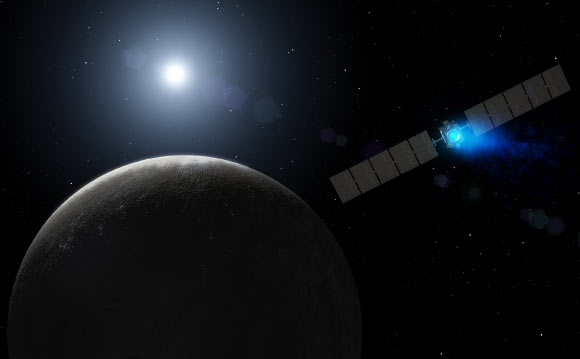 This artist’s concept shows NASA’s Dawn spacecraft arriving at Ceres. Image credit: NASA / JPL-Caltech.