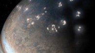 This artist’s concept of lightning distribution in Jupiter’s northern hemisphere incorporates a JunoCam image with artistic embellishments. Data from NASA’s Juno mission indicates that most of the lightning activity on Jupiter is near its poles. Image credit: NASA / JPL-Caltech / SwRI / JunoCam.