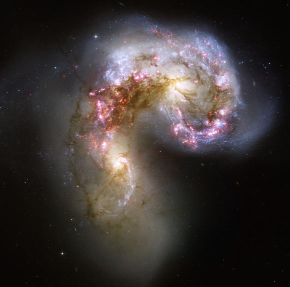 This celestial firestorm is the blazing wreckage of a collision between two spiral galaxies NGC 4038 and NGC 4039, which are located about 62 million light-years from Earth. The two galaxies, whose bright yellow cores appear to the lower left and upper right of center, began their fateful confrontation a few hundred million years ago. The pair is nicknamed the Antennae Galaxies because of two long streamers of stars, gas, and dust that extend from the crash site. Wide-field images reveal the elongated ‘antennae’ formed during the initial impact, but this Hubble image concentrates on the heart of the galactic collision. Image credit: NASA / ESA / B. Whitmore, STScI.