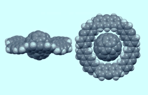 A C(60) molecule is included in a disk-shaped anthracene macrocycle. The formation of a Saturn-type complex is facilitated by the shape-size fit and the multipoint CH***pi-contacts. Image credit: Yamamoto et al, doi: 10.1002/anie.201804430.