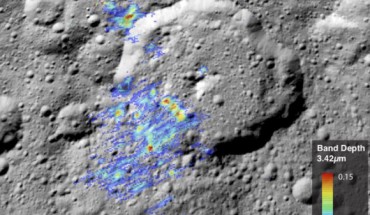 Organic deposits in Ernutet crater on Ceres. Image credit: Kaplan et al / NASA.