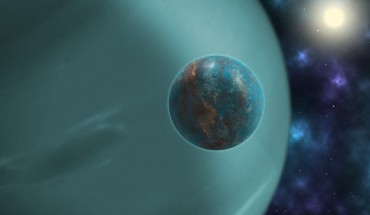 Artist’s impression of a potentially habitable exomoon orbiting a giant planet. Image credit: Sci-News.com.