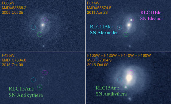The three supernovae in the same barred spiral galaxy in RXC J0949.8+1707. Image credit: NASA / ESA / Hubble / RELICS.
