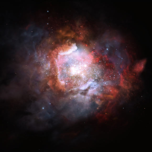 An artist’s impression of a starburst galaxy. This kind of galaxy is typically forming stars at such a high rate; they can form up to 1,000 times more stars per year, compared to our own Milky Way Galaxy. Image credit: M. Kornmesser / ESO.