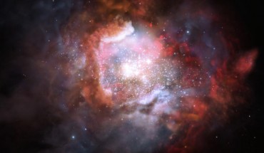 An artist’s impression of a starburst galaxy. This kind of galaxy is typically forming stars at such a high rate; they can form up to 1,000 times more stars per year, compared to our own Milky Way Galaxy. Image credit: M. Kornmesser / ESO.
