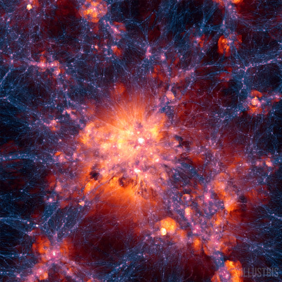 A simulation of the cosmic web, diffuse tendrils of gas that connect galaxies across the Universe. Image credit: Illustris Collaboration.