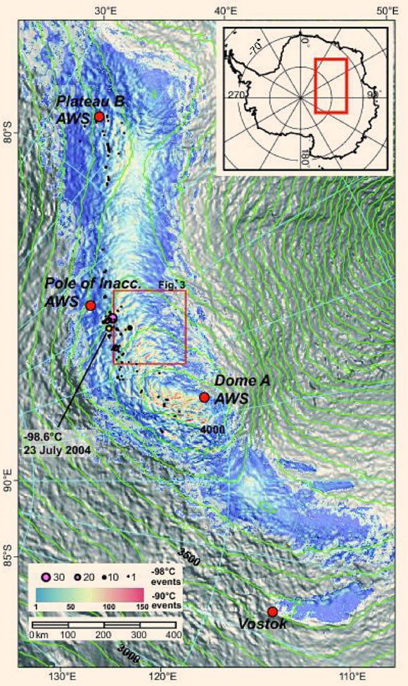 Shaded relief map of the East Antarctic Plateau with red-yellow-blue color scale indicating occurrences of thermal emission surface temperatures below minus 90 degrees Celsius; small circles indicate nearly 100 regions where observed temperatures of below minus 98 degrees Celsius have occurred, with circle size scaled to number of occurrences. Image credit: Scambos et al, doi: 10.1029/2018GL078133.