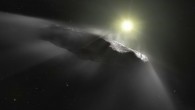 This artist’s impression shows ‘Oumuamua, the first interstellar object discovered in our Solar System. Recent observations show that the object is moving faster than predicted while leaving the Solar System. Astronomers assume that venting material from its surface due to solar heating is responsible for this behavior. This outgassing can be seen in this artist’s impression as a subtle cloud being ejected from the side of the object facing the Sun. Image credit: NASA / ESA / Hubble / ESO / M. Kornmesser.