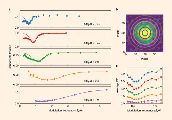 Excitation spectra of the Higgs-like state: (a) excitation spectra of the Higgs-like state for different interaction strengths, 1/(kFa); the different levels of background condensate fraction are due to the different 1/(kFa); the solid lines shows the Gaussian fit to the high-frequency side of the spectra; the error bars show the standard deviation of approximately four measurements; (b) time-of-flight image of the condensate with the thermal background subtracted at 1/(kFa)=−0.43; rings indicate momentum intervals of 0.02kF; (c) momentum-resolved analysis of the Higgs excitation inside the condensate by averaging the optical density in the color-coded rings in (b) for different modulation frequencies; the resonance occurs at the same modulation frequency for all momenta. Image credit: Behrle et al, doi: 10.1038/s41567-018-0128-6.