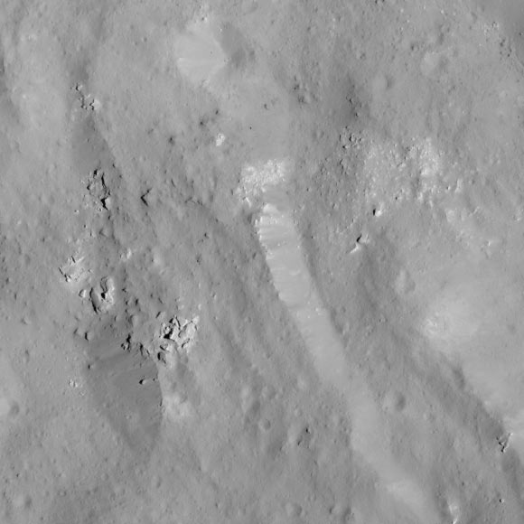 This image from NASA’s Dawn spacecraft shows a boulder field near Occator crater’s eastern rim. It was obtained on June 9, 2018 from an altitude of about 30 miles (48 km). The center of this picture is located at about 18.3 degrees north latitude and 244.8 degrees east longitude. Image credit: NASA / JPL-Caltech / UCLA / MPS / DLR / IDA.