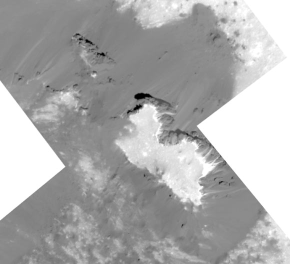 This mosaic of a prominent mound located on the western side of Cerealia Facula was obtained by the Dawn spacecraft on June 22, 2018 from an altitude of about 21 miles (34 km). The geometry of this feature is similar to a mesa or large butte with a flat top. It has been puzzling scientists since its discovery in the early images of the Dawn mission at Ceres. These new images reveal many details. In particular, the relationships between the bright material, mostly composed of sodium carbonate, and the dark background might hold clues about the origin of the facula. This feature is located at about 19.5 degrees north latitude and 239.2 degrees east longitude. Image credit: NASA / JPL-Caltech / UCLA / MPS / DLR / IDA.