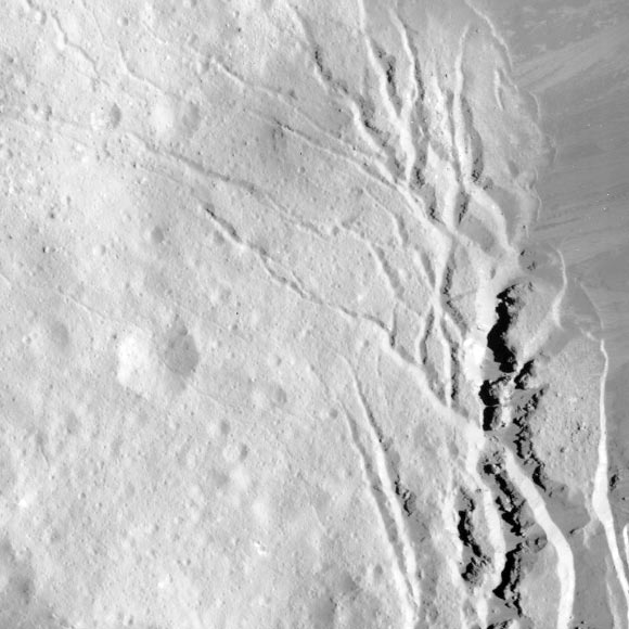 This image of Occator crater’s southeastern wall and floor was obtained by the Dawn spacecraft on June 17, 2018 from an altitude of about 22 miles (36 km). The center of this picture is located at about 17.4 degrees north latitude and 243.8 degrees east longitude. Image credit: NASA / JPL-Caltech / UCLA / MPS / DLR / IDA.