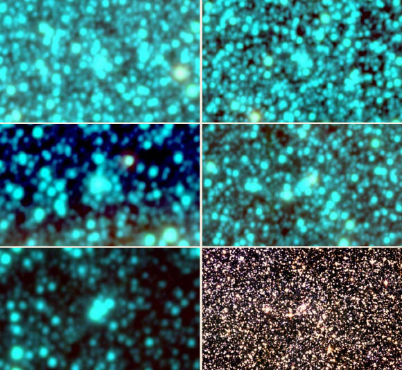 WISE multicolor images of the newly-discovered globular clusters. Top: Camargo 1105 (left) and Camargo 1106. Middle: Camargo 1103 (left) and Camargo 1104. Bottom: WISE and 2MASS images of Camargo 1102. Image credit: Denilso Camargo, doi: 10.3847/2041-8213/aacc68.