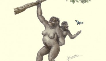 Female Australopithecus afarensis with a child. Image credit: Concavenator / CC BY-SA 4.0.