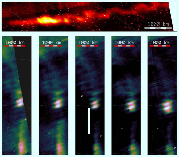 Top: the Io footprint in Jupiter’s north aurora, observed on September 1, 2017. Bottom: five consecutive JIRAM images of Ganymede footprints; the images are taken on July 11, 2017 on the north hemisphere; the main Ganymede footprint (in the middle of each image, and moving down) is preceded by a dimmer precursor spot. Image credit: Mura et al, doi: 10.1126/science.aat1450.