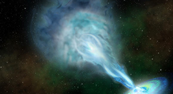 An artist’s conception of PSO J352.4034-15.3373, with disk of material orbiting the black hole and jet of fast-moving particles ejected into space. Image credit: Robin Dienel / Carnegie Institution for Science.