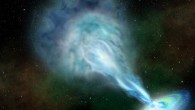 An artist’s conception of PSO J352.4034-15.3373, with disk of material orbiting the black hole and jet of fast-moving particles ejected into space. Image credit: Robin Dienel / Carnegie Institution for Science.