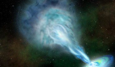 An artist’s conception of PSO J352.4034-15.3373, with disk of material orbiting the black hole and jet of fast-moving particles ejected into space. Image credit: Robin Dienel / Carnegie Institution for Science.