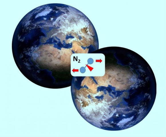 Nitrogen is most-commonly bonded with itself in diatomic N2 molecules; a new study confirms that it becomes a metallic fluid when subjected to the extreme pressure and temperature conditions found deep inside the Earth and other planets. Image credit: Alexander Goncharov.
