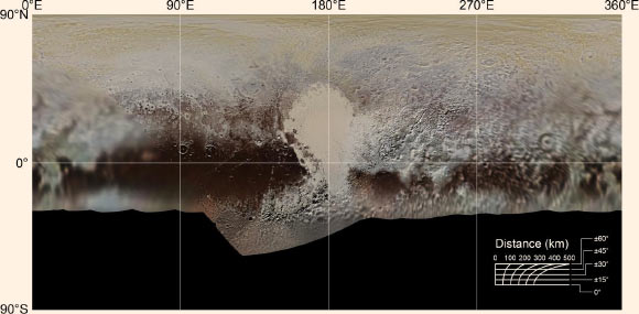 Global image mosaic of Pluto. Image credit: Schenk et al, doi: 10.1016/j.icarus.2018.06.008.
