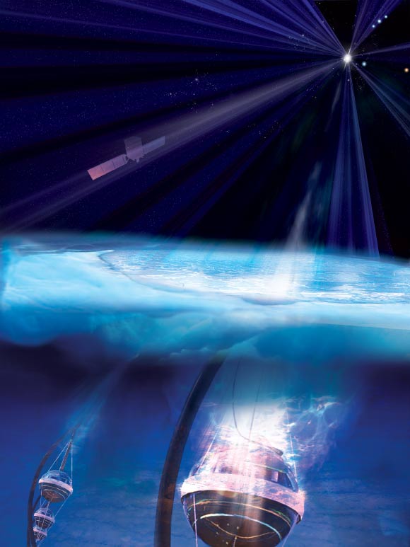 The IceCube Neutrino Observatory is represented in this illustration by strings of sensors under the ice. Image credit: NASA / Fermi / Aurore Simonnet, Sonoma State University.
