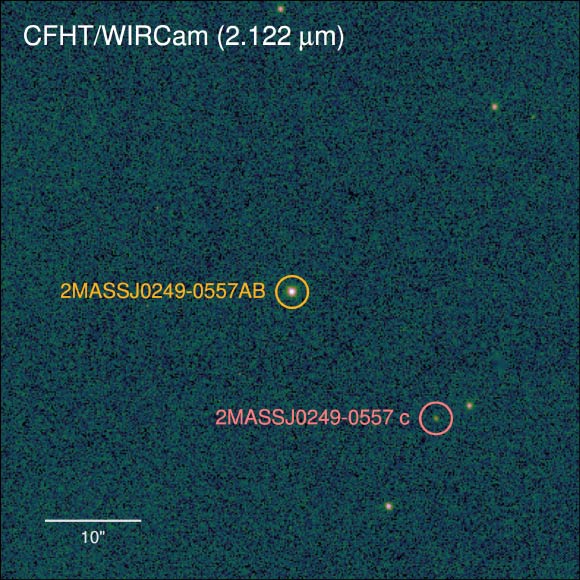 Image of the 2MASS 0249 system taken with CFHT’s infrared camera WIRCam. 2MASS 0249 c is located 1,950 AU from its host brown dwarfs, which are unresolved in this image. The area of sky covered by this image is approximately one thousandth the area of the full Moon. Image credit: T. Dupuy / M. Liu.