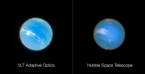 The image of Neptune on the left was obtained during the testing of the Narrow-Field adaptive optics mode of the MUSE instrument on ESO’s Very Large Telescope. The image on the right is a comparable image from the NASA/ESA Hubble Space Telescope. Note that the two images were not taken at the same time so do not show identical surface features. Image credit: ESO / P. Weilbacher, AIP / NASA / ESA / M.H. Wong & J. Tollefson, UC Berkeley.