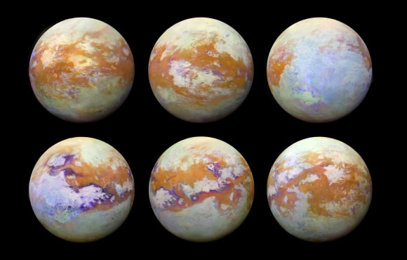 These images of Titan were created using 13 years of data acquired by Cassini’s VIMS instrument. Image credit: NASA / JPL-Caltech / University of Nantes / University of Arizona.