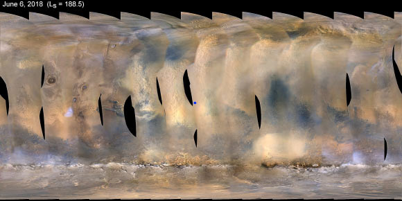 This global map of Mars shows a growing dust storm as of June 6, 2018. The map was produced by the Mars Color Imager (MARCI) camera on NASA’s Mars Reconnaissance Orbiter spacecraft. The blue dot indicates the approximate location of Opportunity. Image credit: NASA / JPL-Caltech / MSSS.