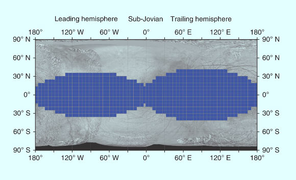 Radiation processing map of Europa’s surface. Locations where magnetospheric radiation has processed surface material down to a depth of at least 4 inches (10 cm) are shaded blue. Image credit: Nordheim et al, doi: 10.1038/s41550-018-0499-8.