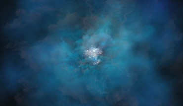 An artist’s concept showing the gaseous halo surrounding a galaxy, illuminated by a narrow band of ultraviolet light called Lyman alpha emission. Image credit: T. Klein, University of Wisconsin-Milwaukee.
