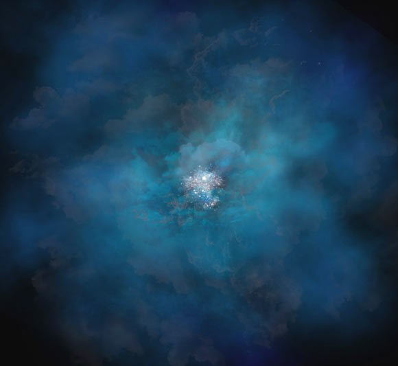 An artist’s concept showing the gaseous halo surrounding a galaxy, illuminated by a narrow band of ultraviolet light called Lyman alpha emission. Image credit: T. Klein, University of Wisconsin-Milwaukee.