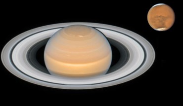 This image shows the recent observations of the planets Mars and Saturn made with Hubble. Image credit: NASA / ESA / A. Simon, NASA’s Goddard Space Flight Center / OPAL Team / J. DePasquale, STScI.