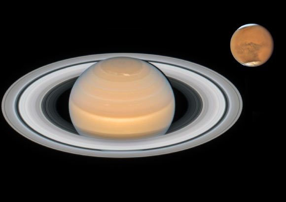 This image shows the recent observations of the planets Mars and Saturn made with Hubble. Image credit: NASA / ESA / A. Simon, NASA’s Goddard Space Flight Center / OPAL Team / J. DePasquale, STScI.