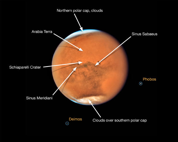 This annotated image of Mars shows features of the planet that were visible in summer 2018 despite a global dust storm. During the time of observation it was spring in Mars’ southern hemisphere, where a dust storm erupted and ballooned into a global event that is blanketing the entire planet. Even so, several distinctive features can be identified. The large oval area at the lower right is the bright Hellas Basin. About 1,367 miles (2,200 km) across and nearly 5 miles (8 km) deep, it was formed about four billion years ago by an asteroid impact. Many global dust storms originate in this region. The orange area in the upper center of the image is Arabia Terra, a vast upland region in northern Mars. The landscape is densely cratered and heavily eroded, indicating that it could be among the oldest terrains on the planet. South of Arabia Terra, running east to west along the equator, are the long dark features known as Sinus Sabaeus and Sinus Meridiani. These regions are covered by dark bedrock and fine-grained sand deposits ground down from ancient lava flows and other volcanic features. These sand grains are coarser and less reflective than the fine dust that gives the brighter regions of Mars their rusty appearance. Because it is autumn in the northern hemisphere, a bright blanket of clouds covers the north polar region. Clouds also can be seen over the southern polar cap. The two small moons of Mars, Phobos and Deimos, appear in the lower half of the image. Image credit: NASA / ESA / STScI.