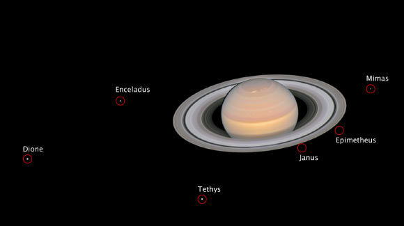 This annotated composite image, taken by Hubble on June 6, 2018, shows the ringed planet Saturn with six of its 62 known moons. With a diameter of 698 miles (1,123 km), Dione is the fourth-largest of Saturn’s moons and the largest of the siblings in this family portrait. The smallest satellite in this picture is the irregularly shaped Epimetheus, with a size of 89 x 67 x 61 miles (143 x 108 x 98 km). The image is a composite because the moons move during the Saturn exposures, and individual frames must be realigned to make a color portrait. Image credit: NASA / ESA / A. Simon, NASA’s Goddard Space Flight Center / OPAL Team / J. DePasquale, STScI.