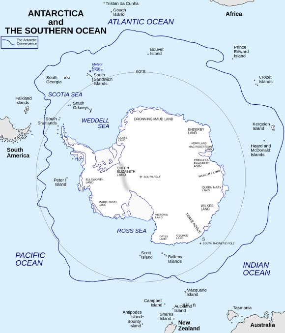 A map of Antarctica and the surrounding oceans. Image credit: Hogweard / CC BY-SA 3.0.